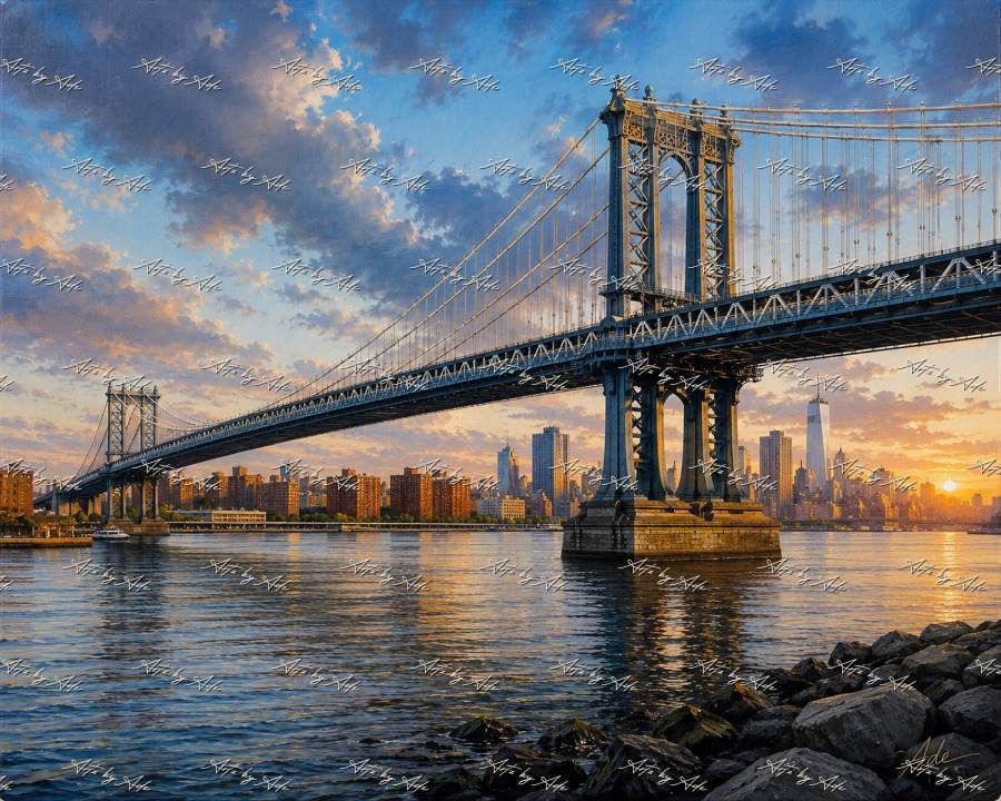 Suspension bridge at sunset over river preview