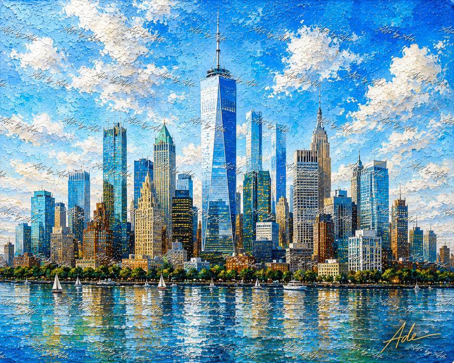 Vibrant waterfront city skyline in oils preview