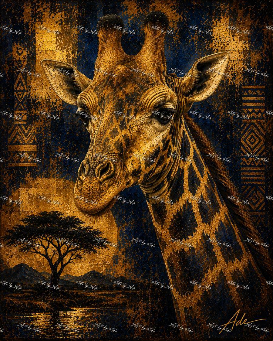 Giraffe portrait with golden savanna backdrop preview