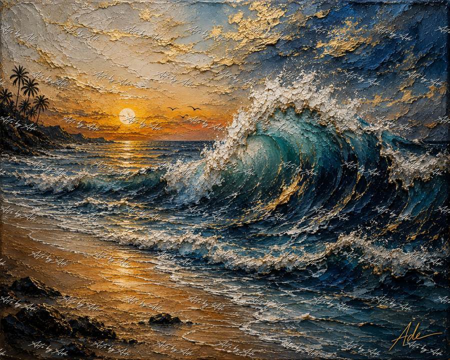 Crashing wave at sunset with gilded accents preview