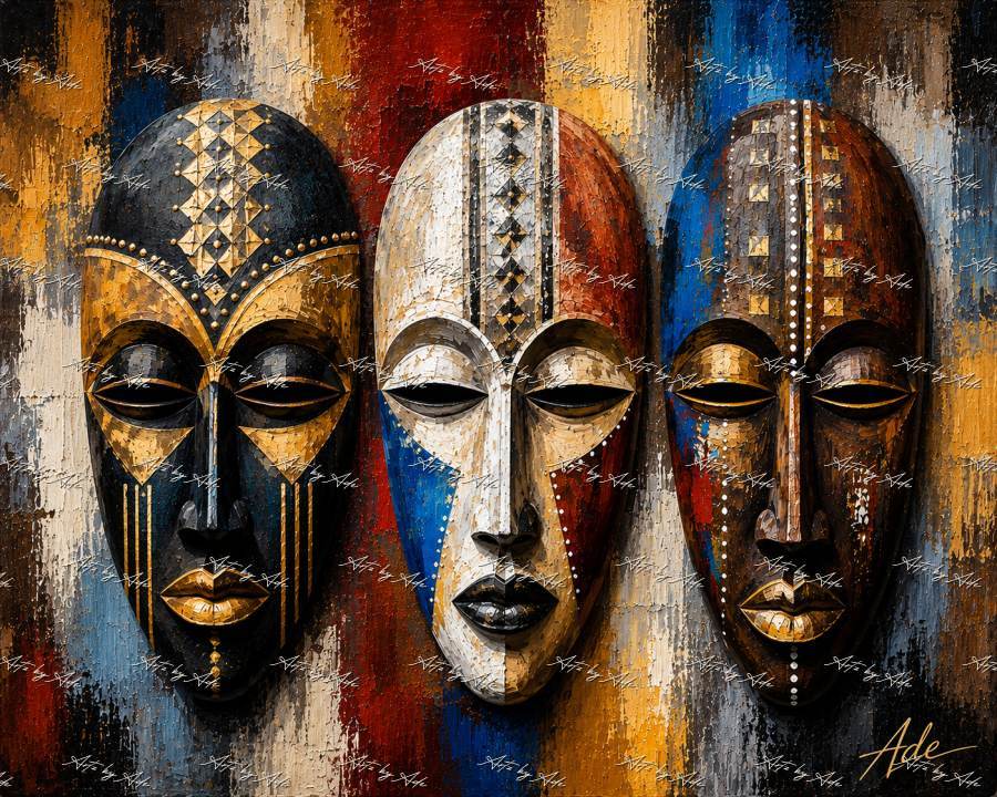 Tribal masks on textured canvas preview
